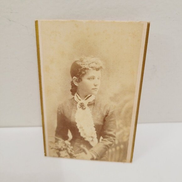 Vtg Cabinet Card Mini Woman Young Lady Side Body Profile Floral Photo Picture - Picture 1 of 3